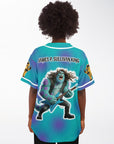 Back view of a teal-and-purple parody EDM baseball jersey featuring a roaring monster guitarist and stylized text — chaotic rave outfit for festival headbangers from CollegeWares.