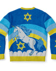 Back view of blue sweater with unicorn, rainbow, and Star of David accents — fun and festive Hanukkah style from CollegeWares.