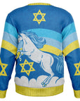 Back view of blue sweater with unicorn, rainbow, and Star of David accents — fun and festive Hanukkah style from CollegeWares.