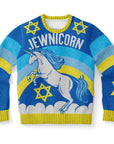 Blue Hanukkah sweater with “Jewnicorn” slogan and white unicorn over rainbow and Stars of David — playful Jewish holiday design from CollegeWares.