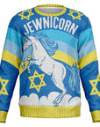 Blue Hanukkah sweater with “Jewnicorn” slogan and white unicorn over rainbow and Stars of David — playful Jewish holiday design from CollegeWares.