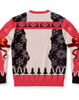 Back view of red and black sweater with snowflakes, trees, and gift ribbon graphic — playful Christmas party design from CollegeWares.