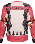 Back view of red and black sweater with snowflakes, trees, and gift ribbon graphic — playful Christmas party design from CollegeWares.
