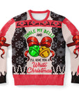 Red and black holiday sweater with “Jingle My Bells I’ll Give You a White Christmas” text, red bow, and green/gold bells — funny adult humor design from CollegeWares.