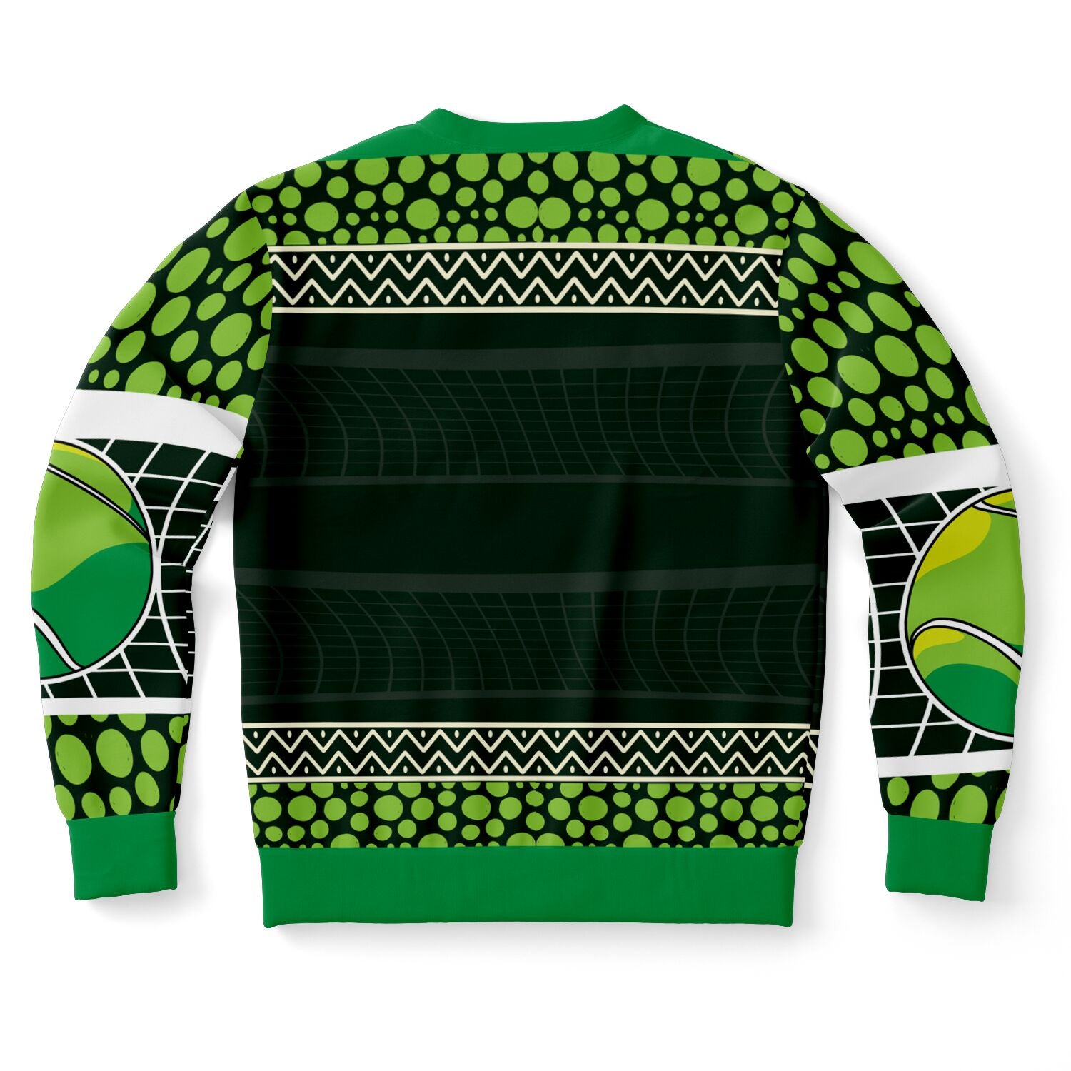 Back view of green and black tennis-themed sweater with dotted pattern and court graphics — athletic festive flair from CollegeWares.