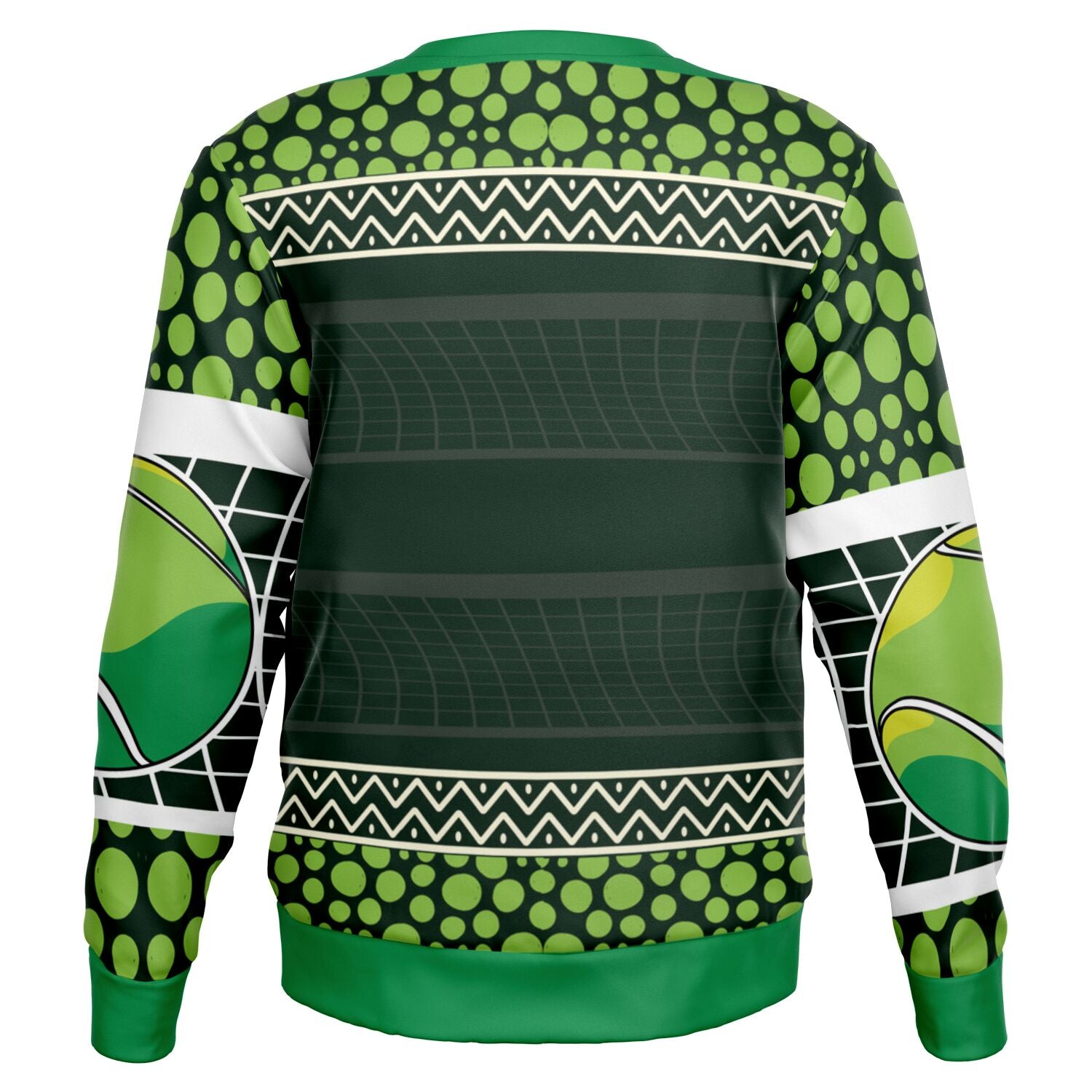 Back view of green and black tennis-themed sweater with dotted pattern and court graphics — athletic festive flair from CollegeWares.