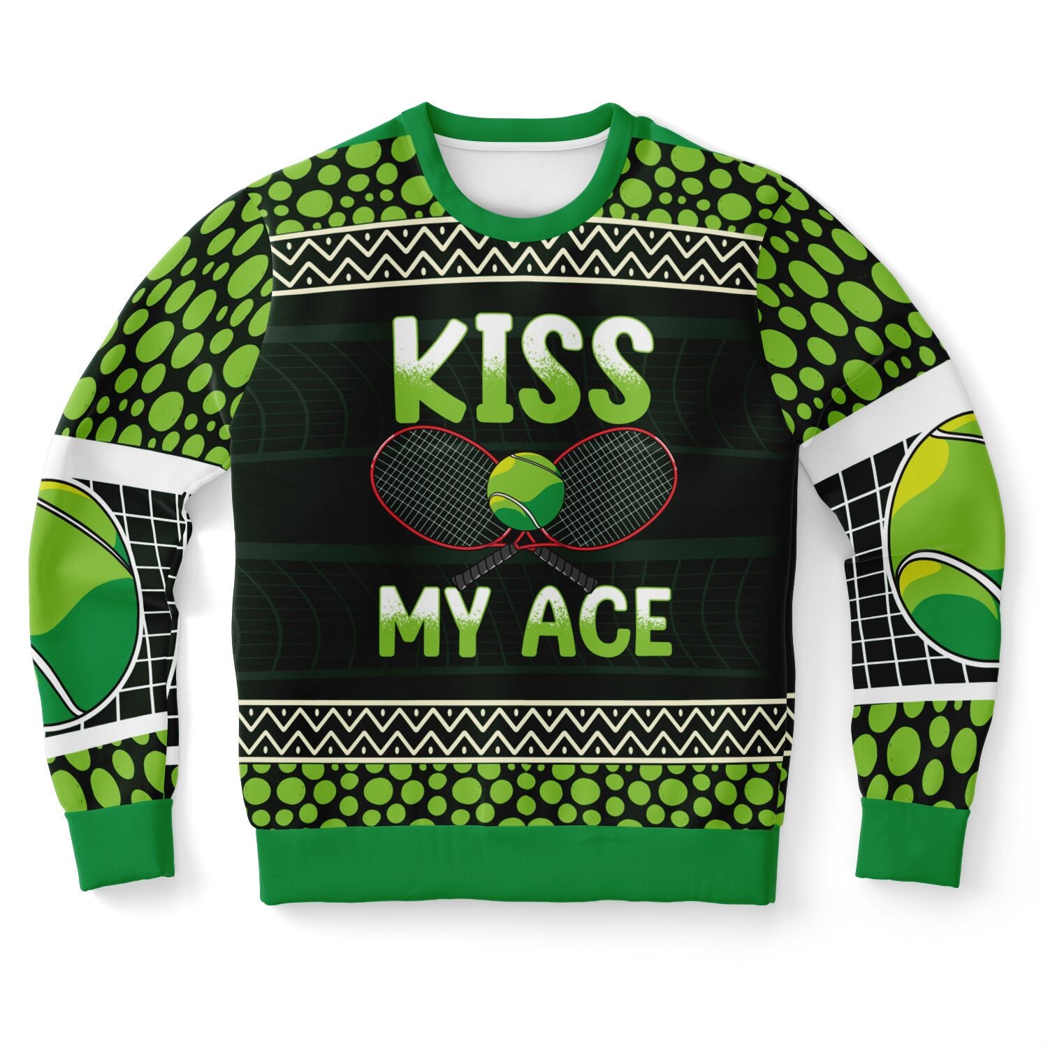 Black and green tennis Christmas sweater with “Kiss My Ace” slogan and tennis racket graphic — sporty and cheeky holiday humor from CollegeWares.