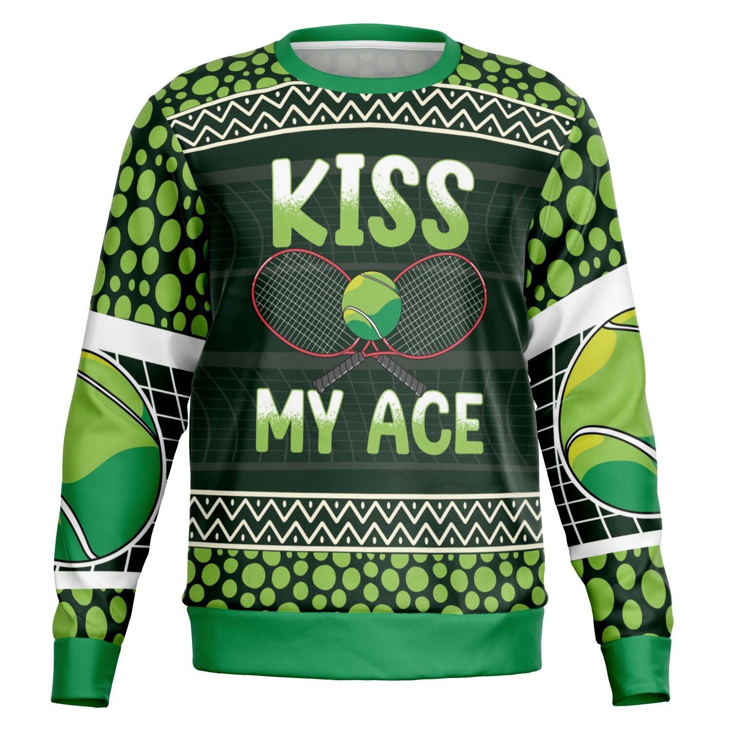 Black and green tennis Christmas sweater with “Kiss My Ace” slogan and tennis racket graphic — sporty and cheeky holiday humor from CollegeWares.