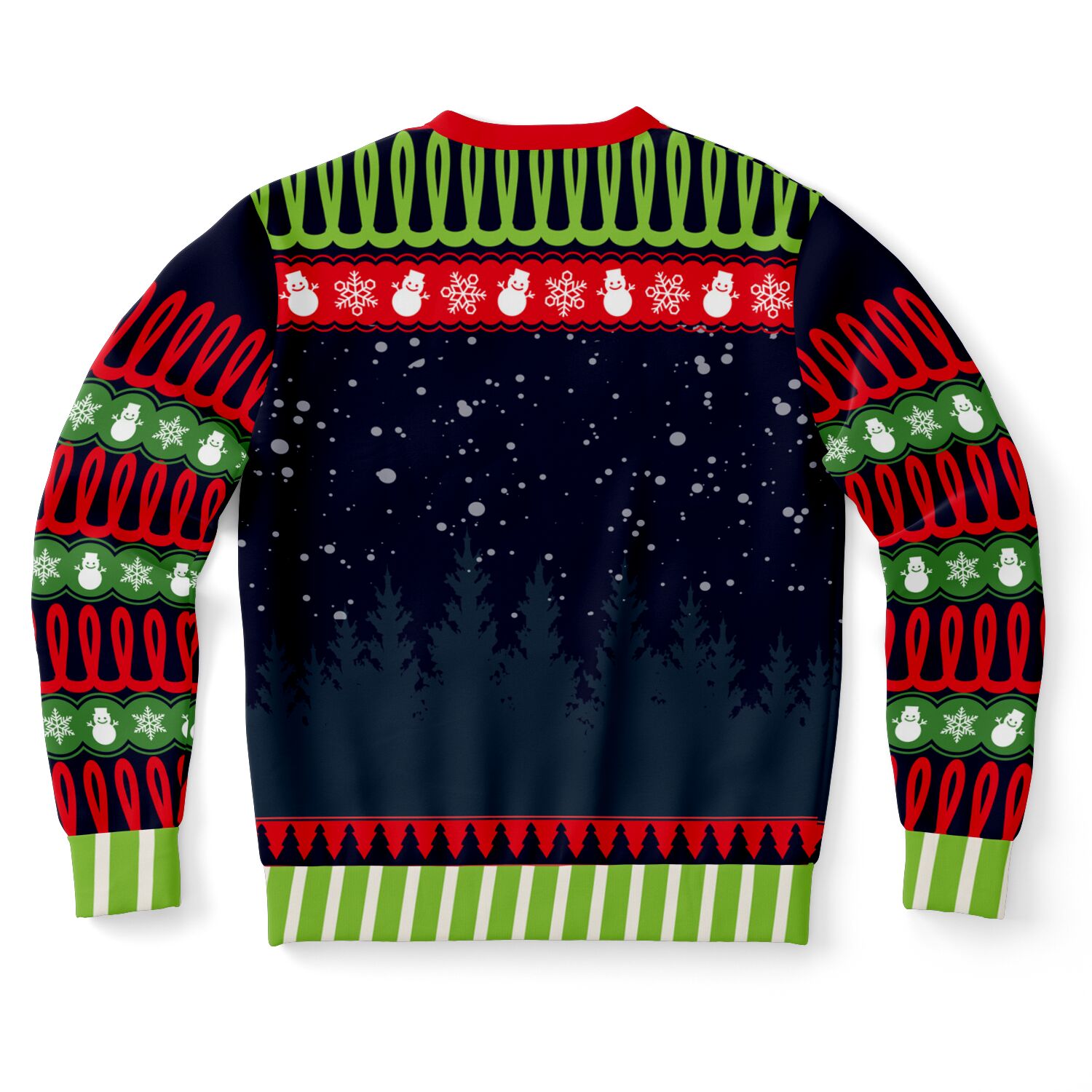 Back view of navy sweater with forest silhouette and snowflake pattern — fun, festive winterwear by CollegeWares.