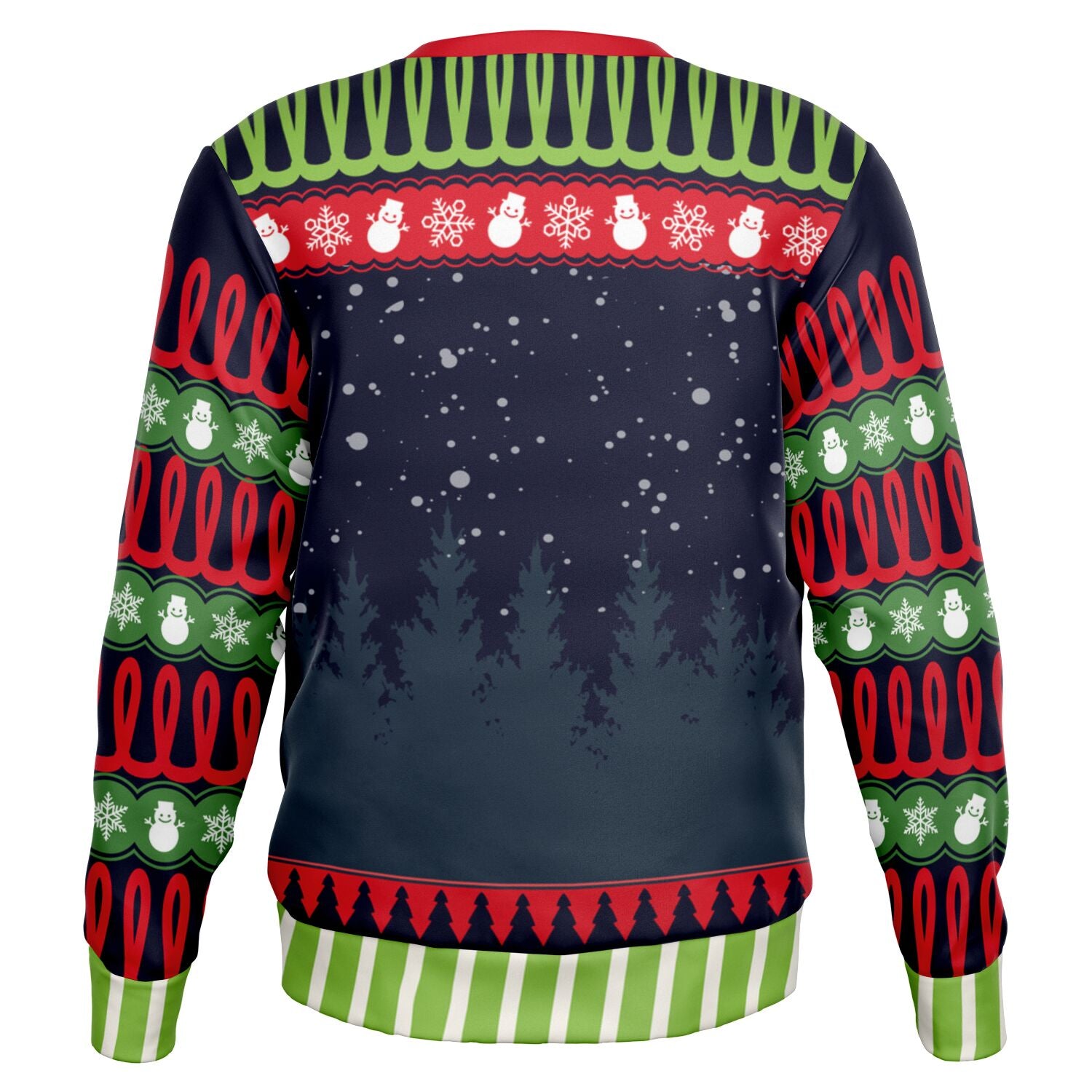 Back view of navy sweater with forest silhouette and snowflake pattern — fun, festive winterwear by CollegeWares.