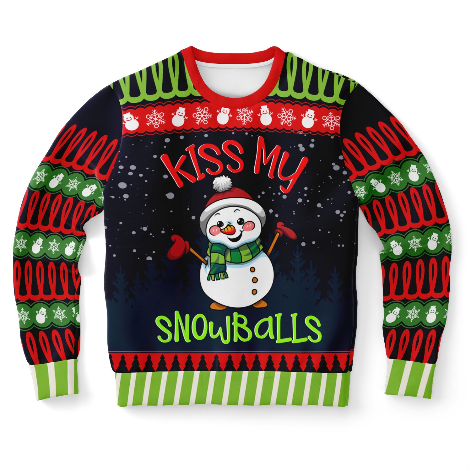 Navy Christmas sweater with snowman graphic and “Kiss My Snowballs” quote — playful adult holiday humor from CollegeWares.