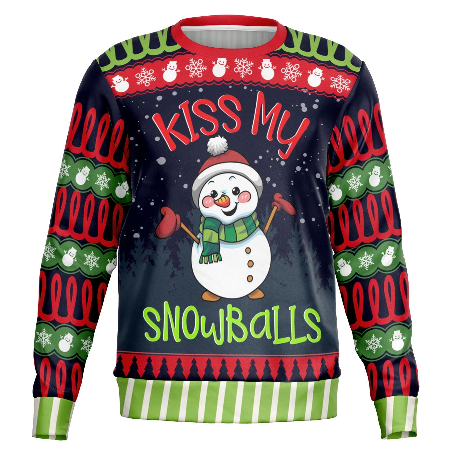 Navy Christmas sweater with snowman graphic and “Kiss My Snowballs” quote — playful adult holiday humor from CollegeWares.