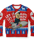Red and blue sweater featuring cartoon Kim Jong Un on a missile with “Let It Blow” text — bold, edgy humor from CollegeWares.