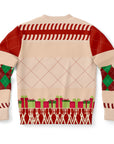 Back view of beige and red Christmas sweater with wrapped gifts, argyle sleeves, and no text — festive partywear from CollegeWares.
