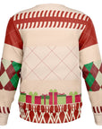 Back view of beige and red Christmas sweater with wrapped gifts, argyle sleeves, and no text — festive partywear from CollegeWares.