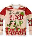 Beige and red Christmas sweater with argyle sleeves, elf legs, green elf hat, and “Let’s Get Elfed Up” slogan — bold holiday humor from CollegeWares.