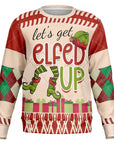 Beige and red Christmas sweater with argyle sleeves, elf legs, green elf hat, and “Let’s Get Elfed Up” slogan — bold holiday humor from CollegeWares.