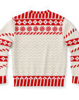 Back view of cream sweater with red-striped cuffs and candy cane patterned sleeves — cheeky festive style from CollegeWares.
