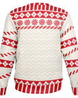 Back view of cream sweater with red-striped cuffs and candy cane patterned sleeves — cheeky festive style from CollegeWares.