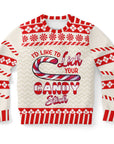 Cream and red Christmas sweater with a candy cane graphic and “I’d Like to Lick Your Candy Stick” text — bold holiday innuendo from CollegeWares.