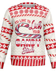 Cream and red Christmas sweater with a candy cane graphic and “I’d Like to Lick Your Candy Stick” text — bold holiday innuendo from CollegeWares.
