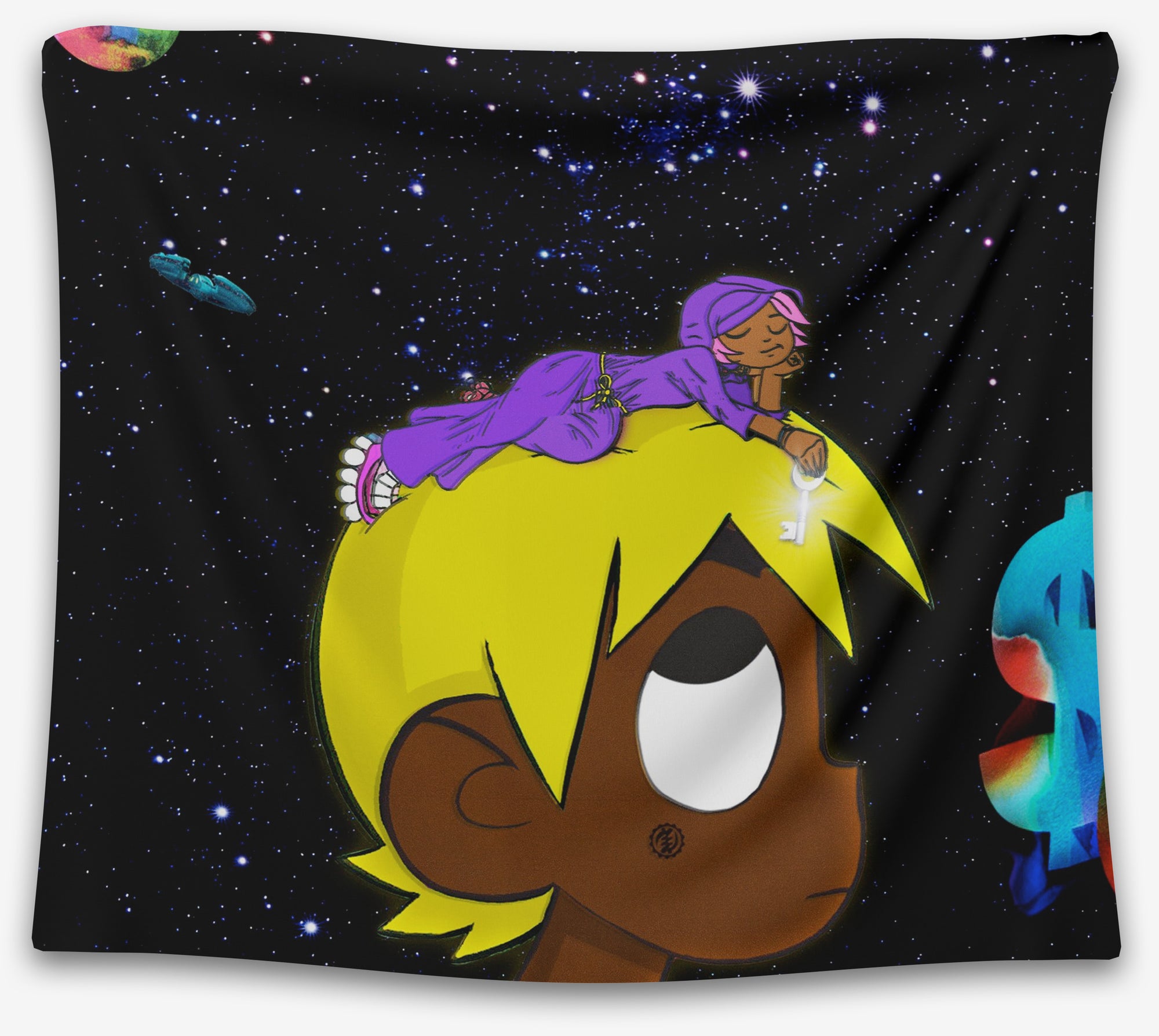 Cartoon tapestry with a blonde character and a purple figure lying on his head, set against a starry space background — Lil Uzi Vert art from CollegeWares.