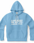 Blue hoodie with “LAST NIGHT WE LET THE LIQUOR TALK” in chunky white text — blackout boldness from CollegeWares.