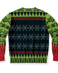 Back view of black and green sweater with snowflakes and tree silhouette trim — fun festive pattern from CollegeWares.