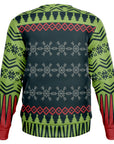 Back view of black and green sweater with snowflakes and tree silhouette trim — fun festive pattern from CollegeWares.