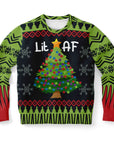 Black and green Christmas sweater with colorful lighted tree and “Lit AF” text — hilarious holiday partywear from CollegeWares.