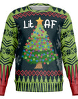 Black and green Christmas sweater with colorful lighted tree and “Lit AF” text — hilarious holiday partywear from CollegeWares.