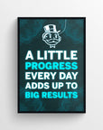Poster featuring the motivational quote “A Little Progress Every Day Adds Up To Big Results” in vibrant white and electric blue lettering, with “Progress” and “Big Results” colored blue to visually pop — emphasizing momentum and outcomes. Set against a glowing wireframe background with a rich uncle cartoon at the top — energetic decor for growth-focused spaces by CollegeWares.