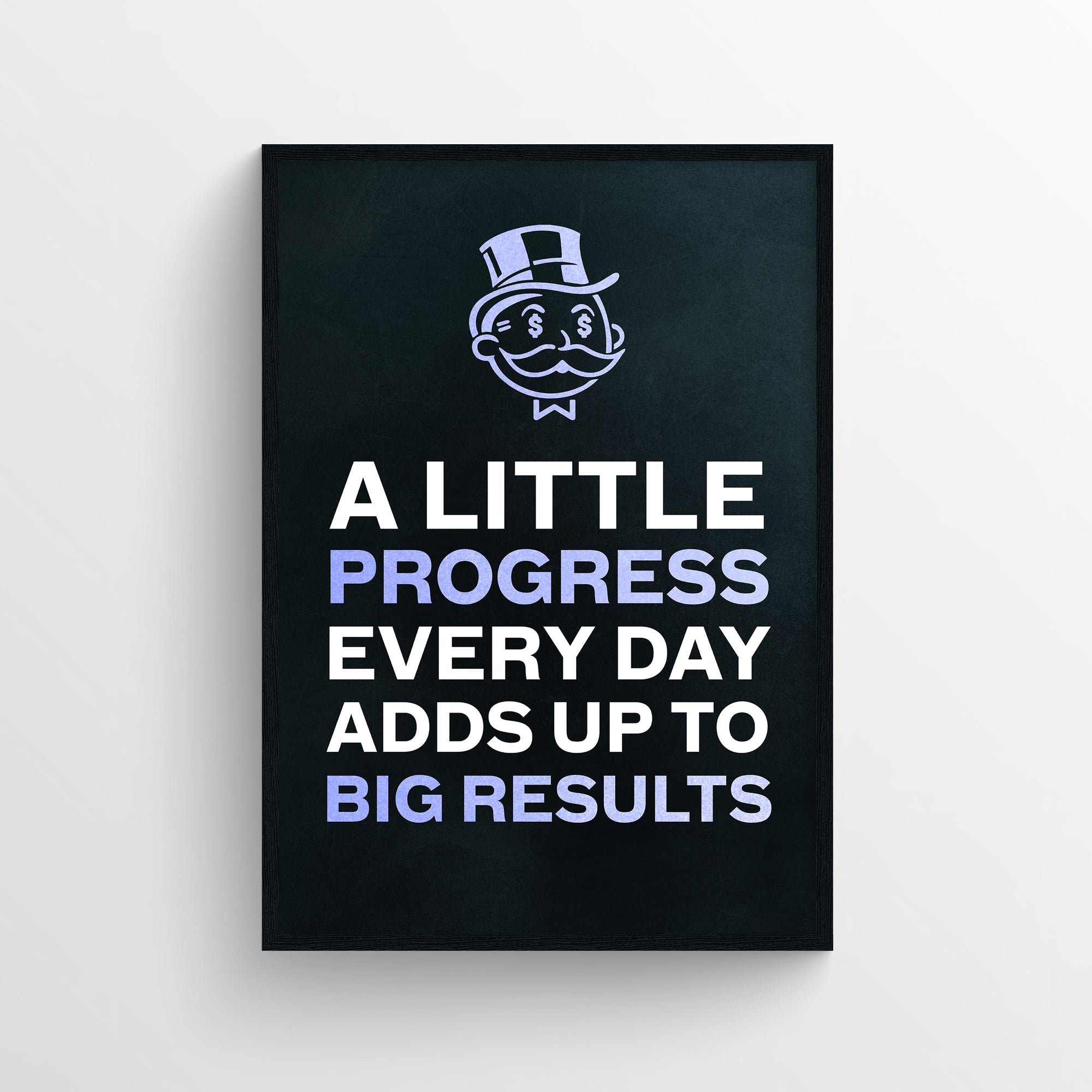 Poster with the phrase “A Little Progress Every Day Adds Up To Big Results” in bold text, where “Progress” and “Big Results” are highlighted in purple — visually reinforcing the message of consistent effort yielding massive change. Features a clean black background and a cartoon money character above the quote — inspiring minimalist decor by CollegeWares.