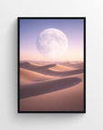 Surreal art print featuring a minimal desert landscape with flowing sand dunes and an oversized moon floating above the horizon — trippy wall poster and modern aesthetic room decor for college rooms, apartments, and creative studios by CollegeWares.