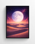 Surreal art print of a vast desert landscape with smooth sand dunes and a massive glowing moon suspended in a star-filled sky — trippy wall poster and modern aesthetic room decor for college rooms, apartments, and creative studios by CollegeWares.