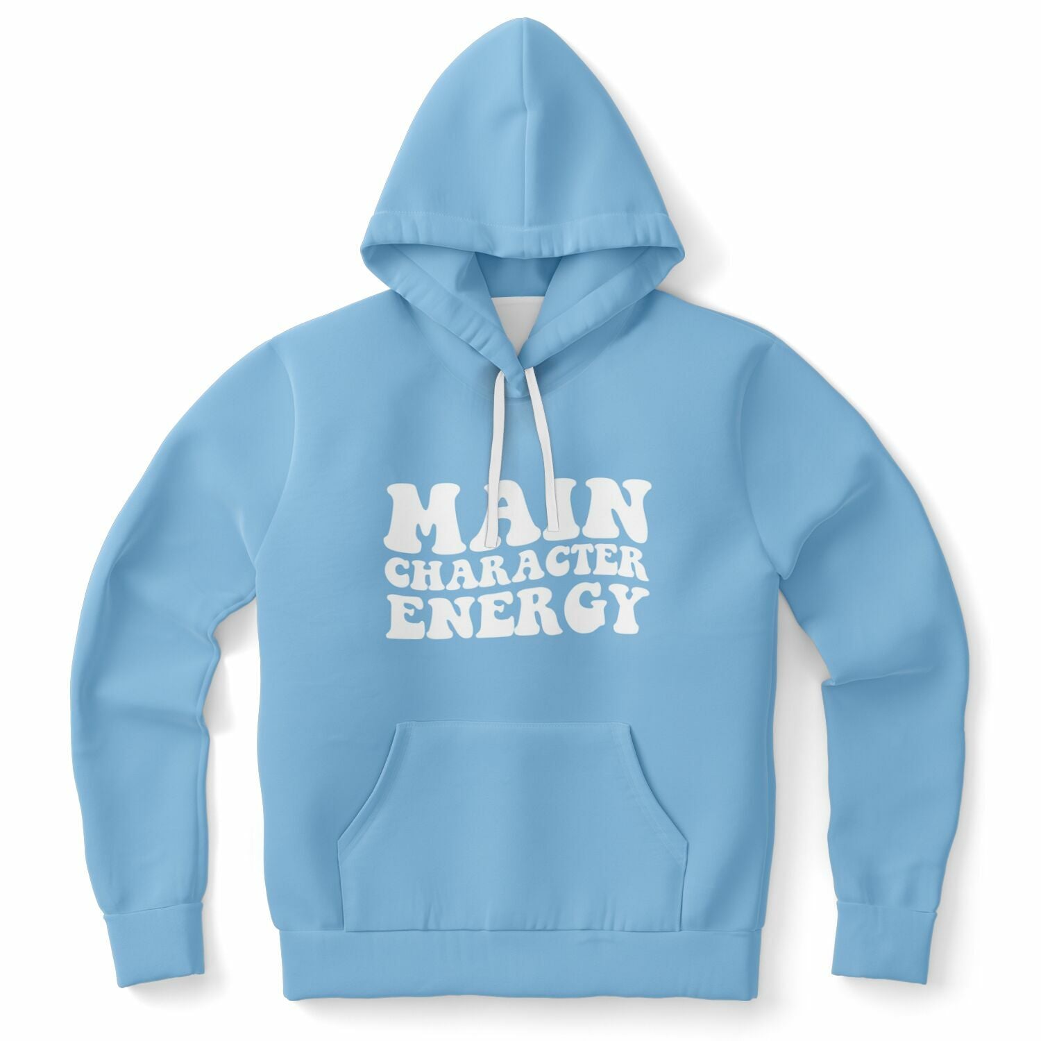Blue hoodie featuring bold white text saying “Main Character Energy” — cinematic self-love vibes from CollegeWares.