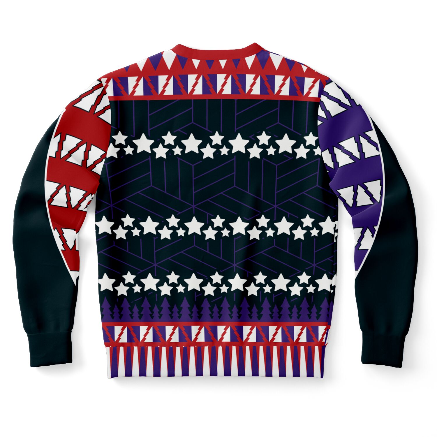Back view of black sweater with star pattern, tree outlines, and no central graphic — Americana-inspired Christmas humor from CollegeWares.