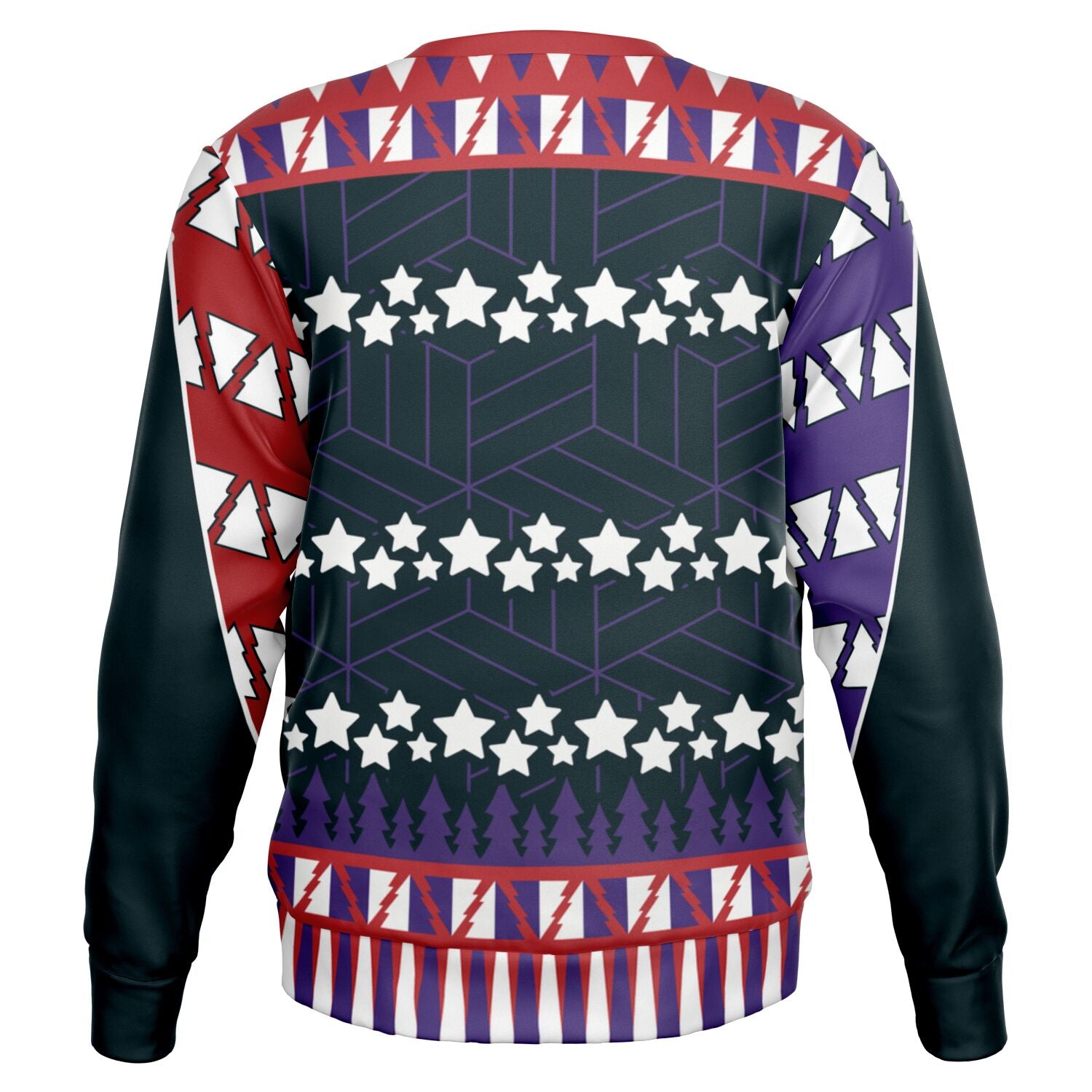 Back view of black sweater with star pattern, tree outlines, and no central graphic — Americana-inspired Christmas humor from CollegeWares.