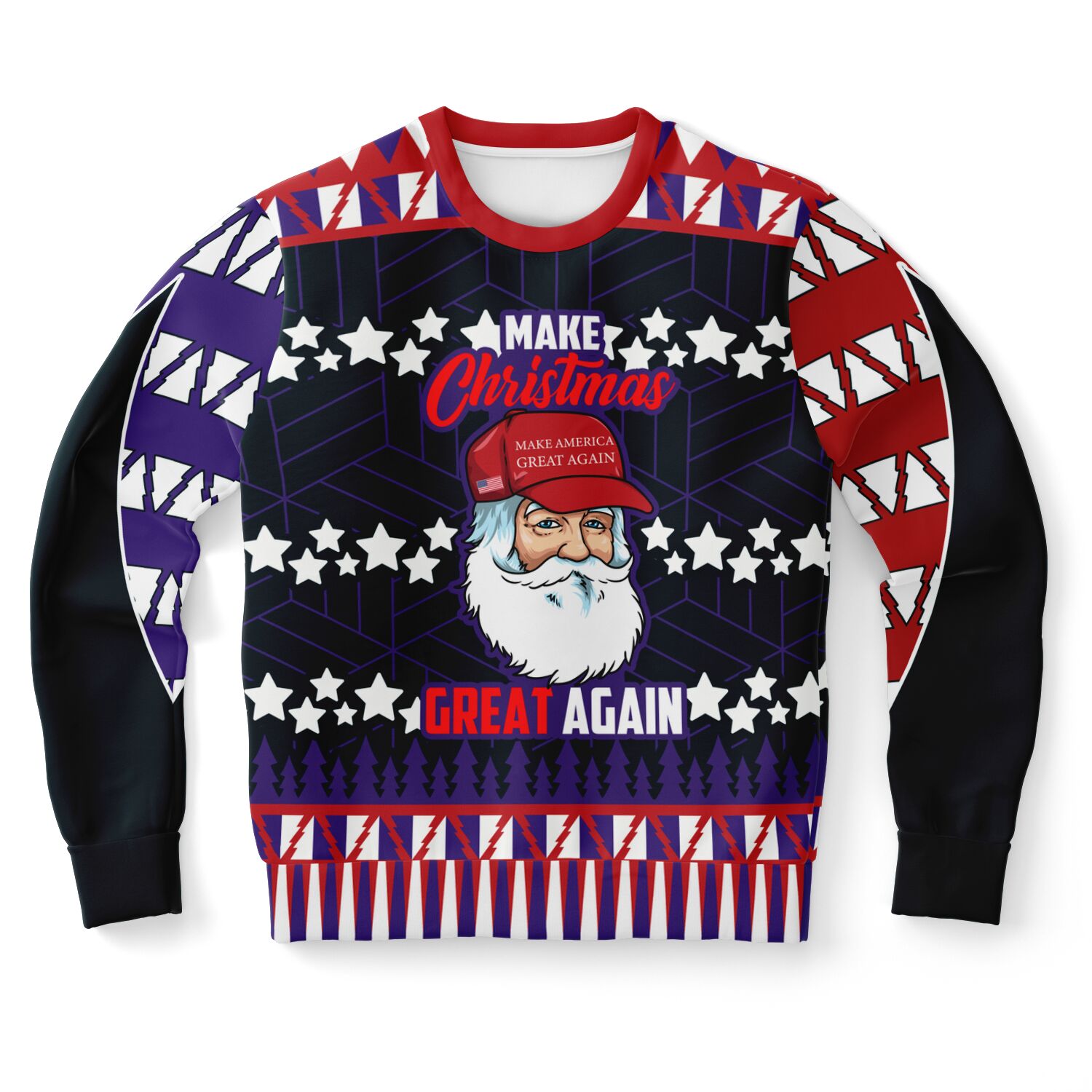 Black Christmas sweater with red sleeves, patriotic Santa in a MAGA hat, and “Make Christmas Great Again” text — bold and cheeky holiday parody from CollegeWares.