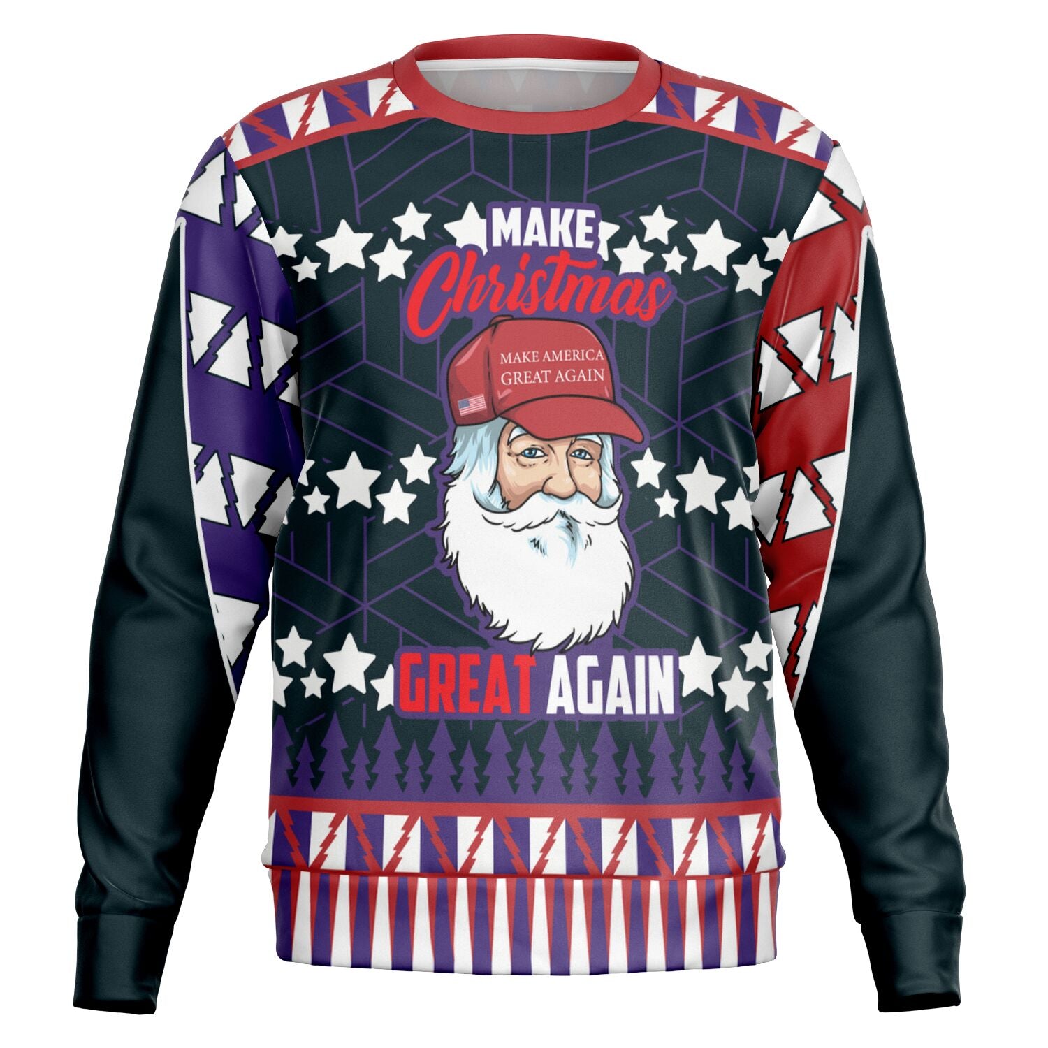 Black Christmas sweater with red sleeves, patriotic Santa in a MAGA hat, and “Make Christmas Great Again” text — bold and cheeky holiday parody from CollegeWares.