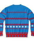 Back view of blue sweater with red zigzag trim, snowflakes, and no graphic or text — cheerful seasonal pattern from CollegeWares.