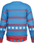 Back view of blue sweater with red zigzag trim, snowflakes, and no graphic or text — cheerful seasonal pattern from CollegeWares.