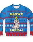 Blue Christmas sweater with cartoon cat wrapped in lights and “Meowy Christmas” text — playful holiday apparel from CollegeWares.