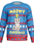 Blue Christmas sweater with cartoon cat wrapped in lights and “Meowy Christmas” text — playful holiday apparel from CollegeWares.