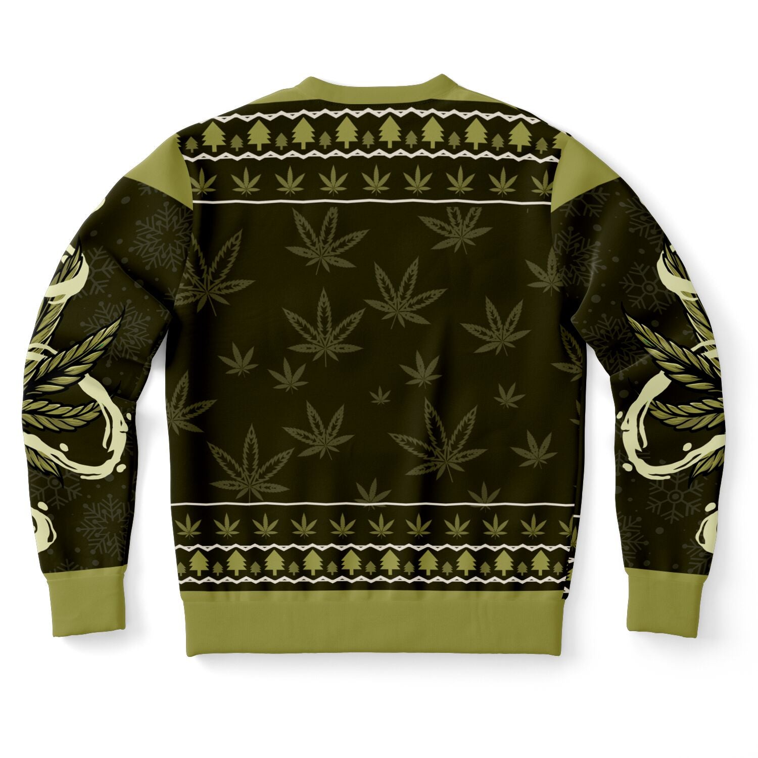 Back view of olive sweater with marijuana leaf pattern and no text — chill holiday design from CollegeWares.