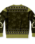Back view of olive sweater with marijuana leaf pattern and no text — chill holiday design from CollegeWares.