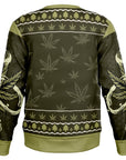 Back view of olive sweater with marijuana leaf pattern and no text — chill holiday design from CollegeWares.