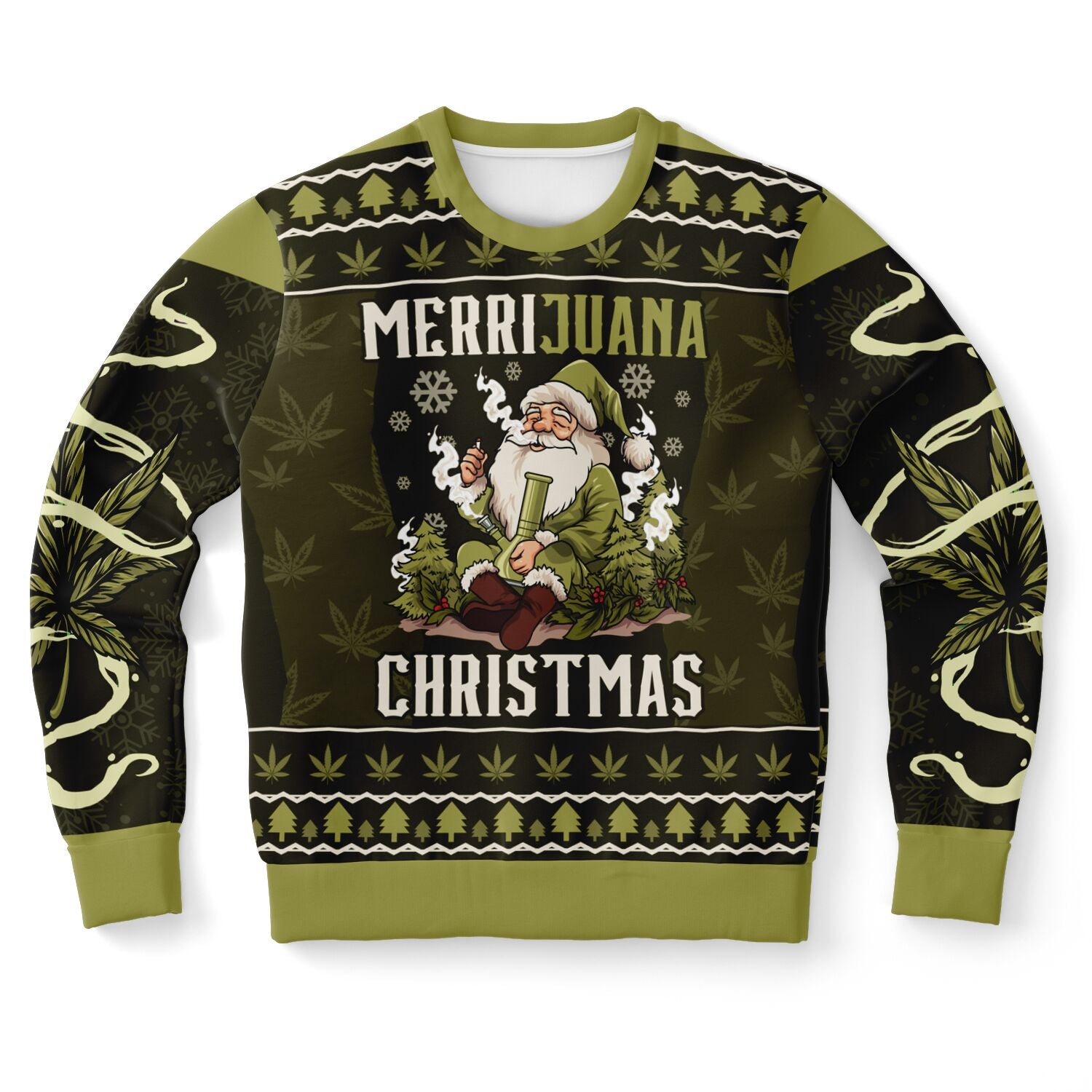 Olive green weed-themed Christmas sweater with stoned Santa smoking and “Merrijuana Christmas” text — bold stoner humor from CollegeWares.
