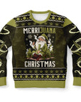 Olive green weed-themed Christmas sweater with stoned Santa smoking and “Merrijuana Christmas” text — bold stoner humor from CollegeWares.