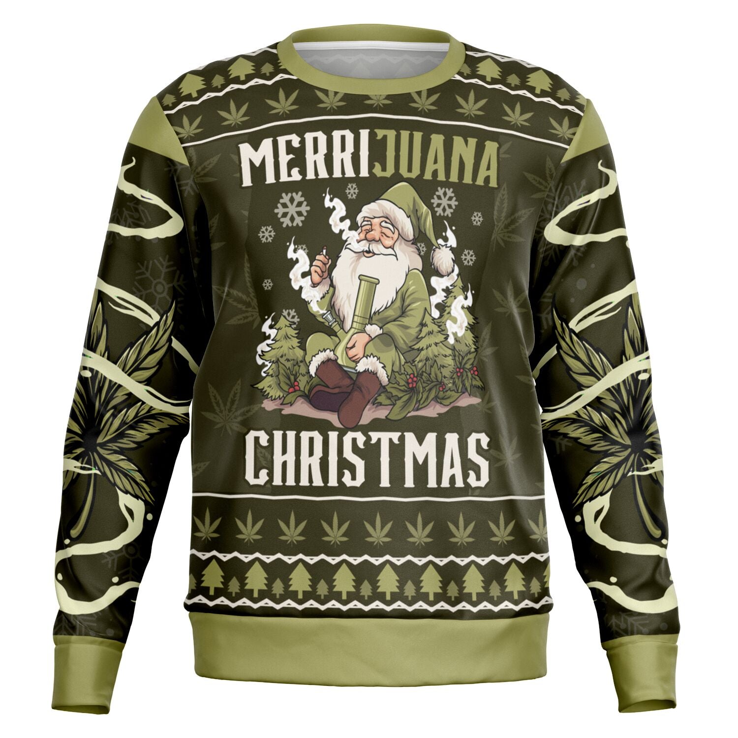 Olive green weed-themed Christmas sweater with stoned Santa smoking and “Merrijuana Christmas” text — bold stoner humor from CollegeWares.